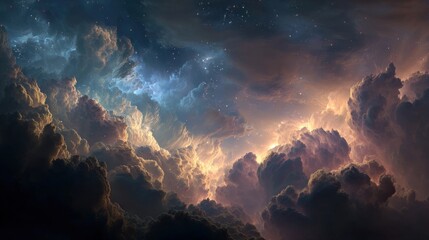 Majestic Cosmic Clouds Illuminated by Ethereal Light with Twinkling Stars Above a Dreamlike Celestial Landscape at Dusk in a Surreal Universe