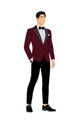 Flat vector illustration of young man in formal suit, standing full length, elegant style for evening party or event, isolated on transparent background for design and print.