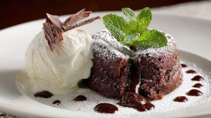 Decadent Chocolate Lava Cake Served with Vanilla Ice Cream and Fresh Mint Garnish on a Elegant Plate with Chocolate Sauce Drizzle and Powdered Sugar