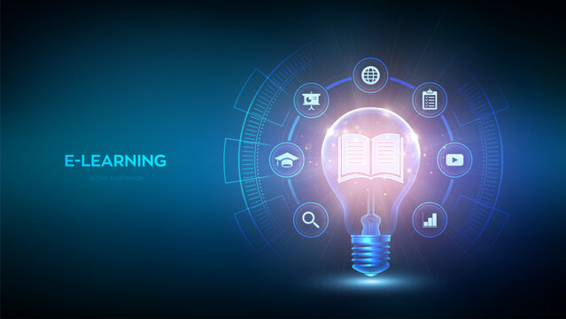 Education. E-learning. Light bulb with book icon inside. Innovative online education internet technology concept. Webinar, teaching, online training courses. Skill development. Vector illustration. - Powered by Adobe