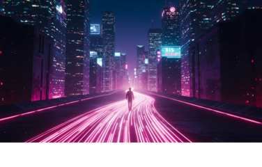 A solitary figure walks through a futuristic cyberpunk city with vibrant neon lights and long exposure light trails