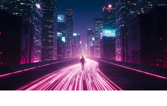 A solitary figure walks through a futuristic cyberpunk city with vibrant neon lights and long exposure light trails