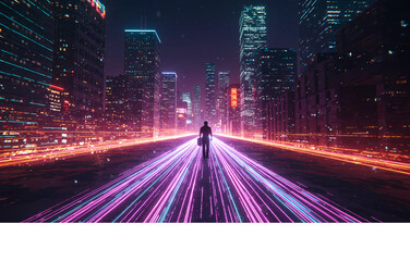 Neon Dreams A Solitary Figure in a Futuristic Cityscape