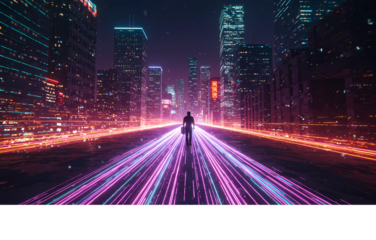 Neon Dreams A Solitary Figure in a Futuristic Cityscape