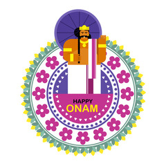 Naklejka premium Mythological king 'Mahabali' with a greeting gesture in a circular floral design. Concept of Onam festival in Kerala