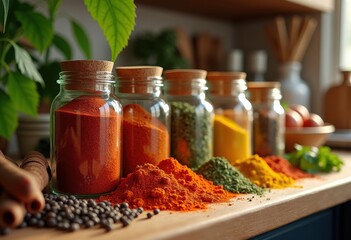 vibrant kitchen spice jars colorful arrangement savory culinary essentials gourmet seasonings, bottle, container, herb, condiment, ingredient, decor