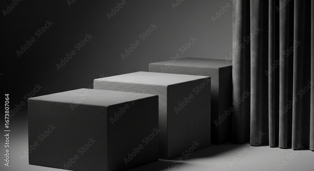 Poster three gray textured cubes form a tiered display against a dark background, partially obscured by a g