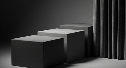 Three gray textured cubes form a tiered display against a dark background, partially obscured by a gray curtain, showcasing a minimalist product presentation scene