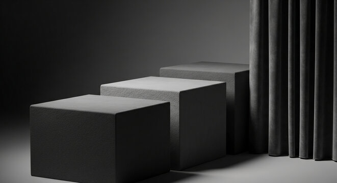 Three gray textured cubes form a tiered display against a dark background, partially obscured by a gray curtain, showcasing a minimalist product presentation scene