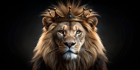 Fototapeta premium Lion wearing a crown on a black matte background exuding majesty and strength in a regal pose lion, crown, black background, regal, majestic, animal, king, strength, mane, golden, powerful, creature, 