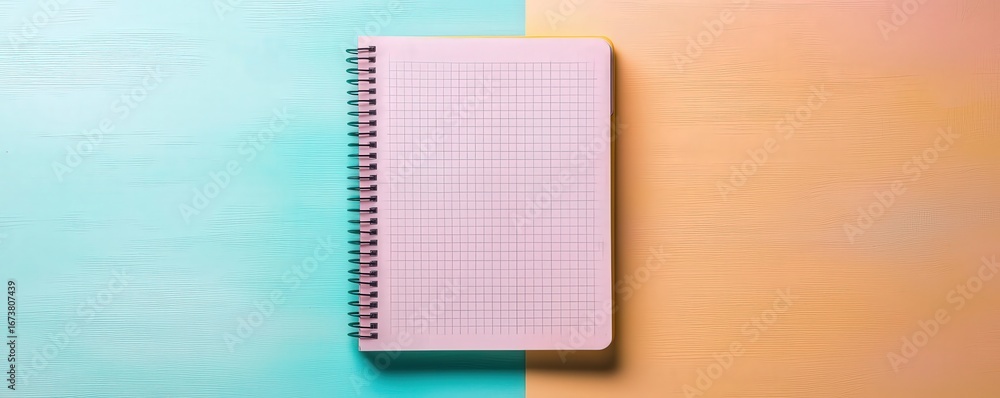Poster productivity tools organization apps concept. spiral notebook on a split color background.
