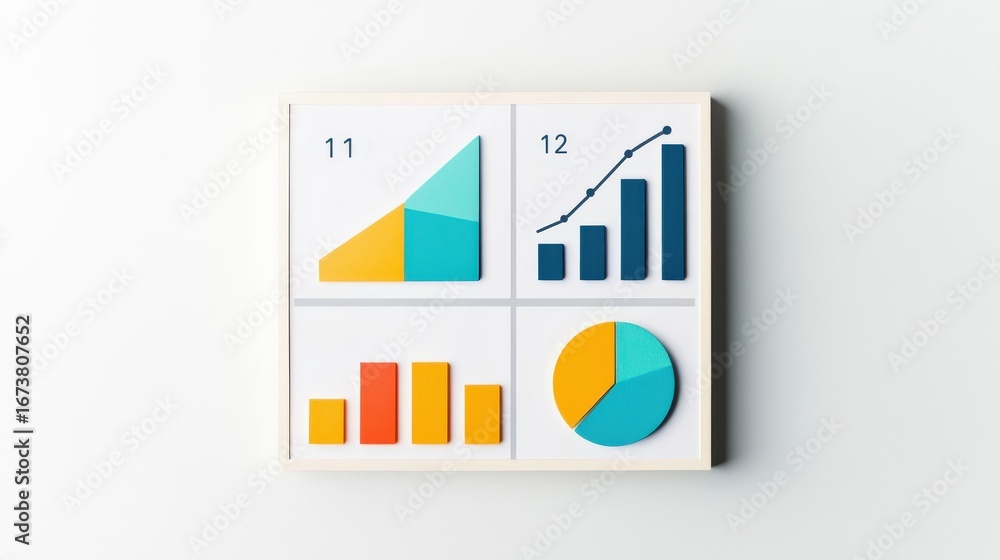 Poster productivity tools organization apps concept. graphs and charts displayed in a modern frame on a wal