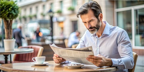 Man enjoys morning coffee while reading newspaper at a cafe terrace in the city man, cafe, newspaper, coffee, reading, city, terrace, morning, wooden table, bearded, beverage, outdoor seating, urban, 