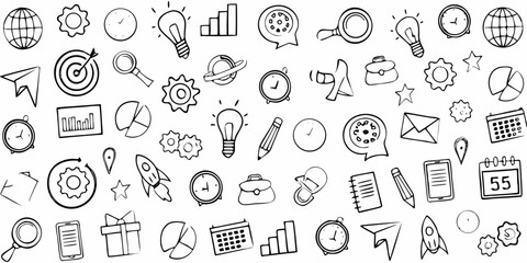 Collection of hand drawn business and technology icons representing ideas and concepts