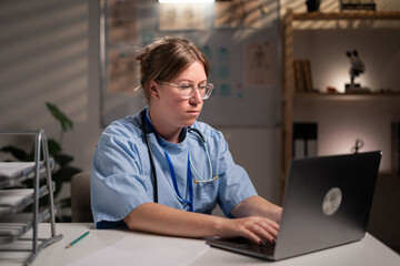 physician nurse diagnoses disease working over hours wellness investigation or report for...