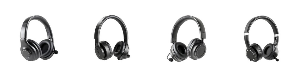 Set of black wireless headphones isolated on transparent background