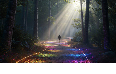 Ethereal sunbeams illuminate a person's solitary journey on a glowing, rainbow-colored path through a mystical forest