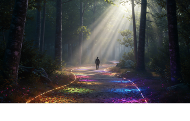 Ethereal sunbeams illuminate a person's solitary journey on a glowing, rainbow-colored path through a mystical forest