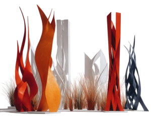 Abstract Flame-like Sculptures in Red White and Orange