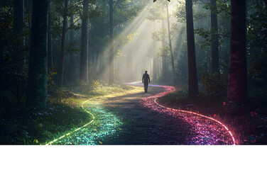 A solitary figure walks a rainbow-lit path through a sun-dappled forest, symbolizing hope and journey