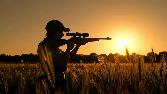 Hunter aiming rifle at sunset in golden wheat field, Silhouette of person holding gun in rural landscape, ready to shoot