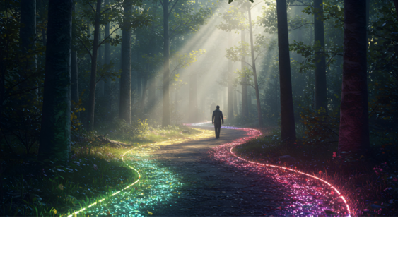 A solitary figure walks a rainbow-lit path through a sun-dappled forest, symbolizing hope and journey
