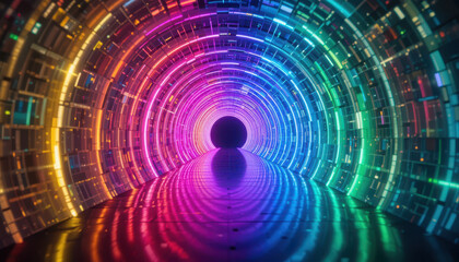Fototapeta premium Vibrant light tunnel display digital art installation urban space colorful environment ground view visual exploration