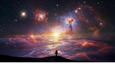 Solitary figure contemplating the vast universe on a mystical journey towards a celestial light in a fantasy landscape
