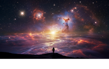Solitary figure contemplating the vast universe on a mystical journey towards a celestial light in a fantasy landscape