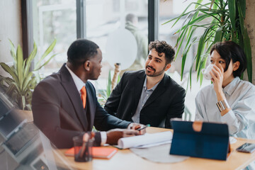 Three people engage in a discussion at a stylish co working space, fostering collaboration and generating ideas.