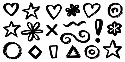 Collection of hand drawn black doodle icons and symbols on a white background