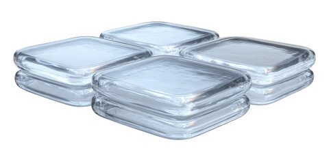 Four translucent, square, stacked, protective coverings