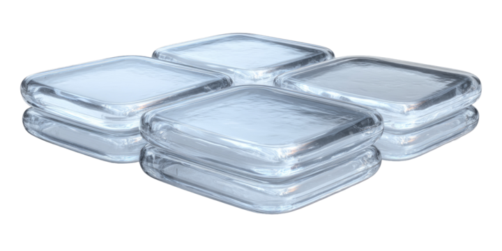 Four translucent, square, stacked, protective coverings