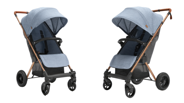 Light blue stroller, angled view, two variations