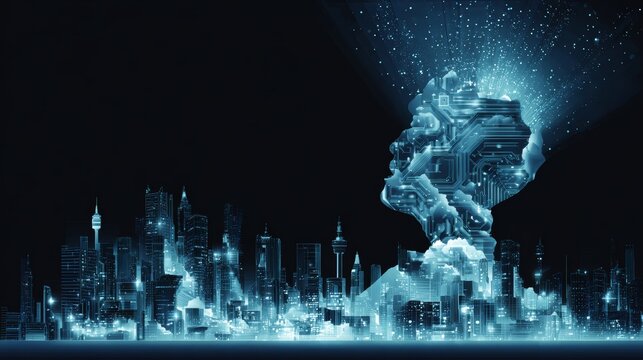 Futuristic cityscape with digital human face integrated into skyline at night.