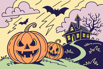 Haunted Halloween Night with Pumpkins Bats and Haunted House Vector