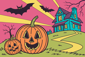 Haunted Halloween Night with Pumpkins Bats and Haunted House Vector