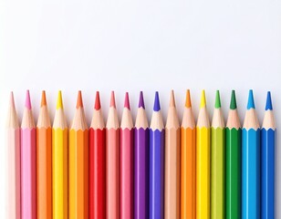 Top View of Colorful Pencils Neatly Aligned in a Row on White Background