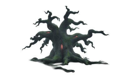 Creepy Tree with Glowing Eyes in Fog