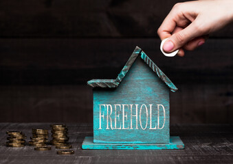 Wooden house model with coins next to it and hand