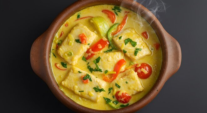 Um delicioso ensopado de peixe cremoso, com vegetais coloridos e ervas frescas, fumegando convidativamente. O peixe parece macio e o ensopado tem uma textura rica e arom&aacute;tica.