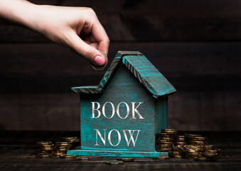 Wooden house model with coins next to it and hand