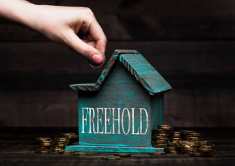 Wooden house model with coins next to it and hand