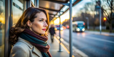 Woman waiting at a bus stop during sunset in an urban environment woman, bus stop, sunset, urban, waiting, city, transportation, evening, thoughtful, light, silhouette, scenery, public transport, stre