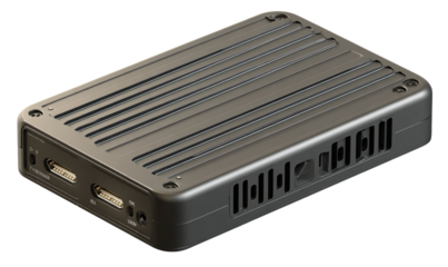 Dark gray rectangular box with ribbed sides, showing various ports