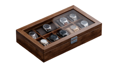 Wooden watch box with glass top, displaying multiple watches