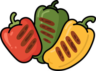 Grilled Bell Peppers Vector Illustration – Red, Green, Yellow Roasted Vegetable Clipart