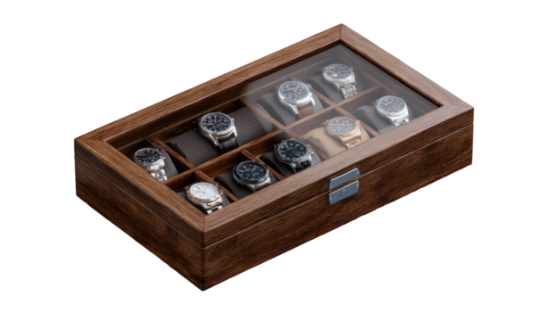 Wooden watch box with glass top, displaying multiple watches