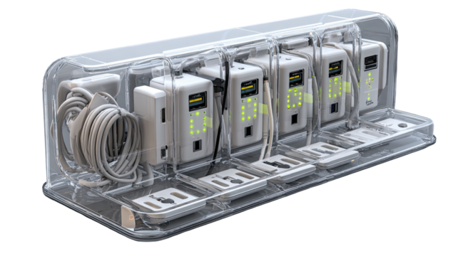 Clear plastic enclosure houses multiple medical devices.  Each unit has  displays and ports.  Connected by cables - Powered by Adobe