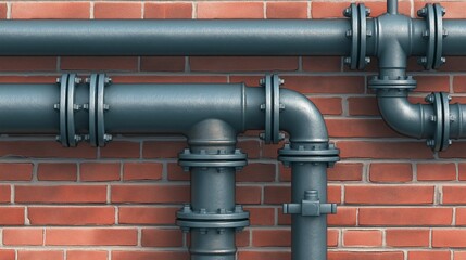 industrial gas pipeline system on red brick wall for energy infrastructure brochures, engineering visuals, and plumbing service ads, detailed close-up, strong daylight, minimal composition
